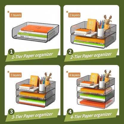 FANXIYQ 4-Tier Acrylic Paper Tray Organizer, Clear & Brown Paper Organizer | Stackable, Tool-Free Design with 2-4 Tiers for A4 Paper, Files, Books and Mail; Ideal for School, Home Office and Study Room