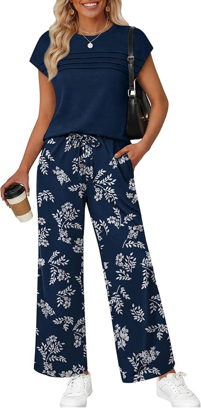 WIHOLL Two Piece Set for Women Summer Spring Outfits Matching Sets Women Clothing Airport Travel Vacation Wide Leg Pants