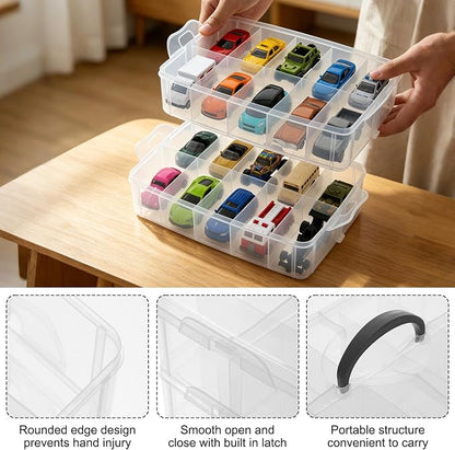 3-Tier 1/64 Scale Toy Car Storage Case with Carrying Handle Portable Transparent Storage Case Compatible with Matchbox Car Hot Wheels 30 Transparent Compartments Organizer for 30 Toy Cars