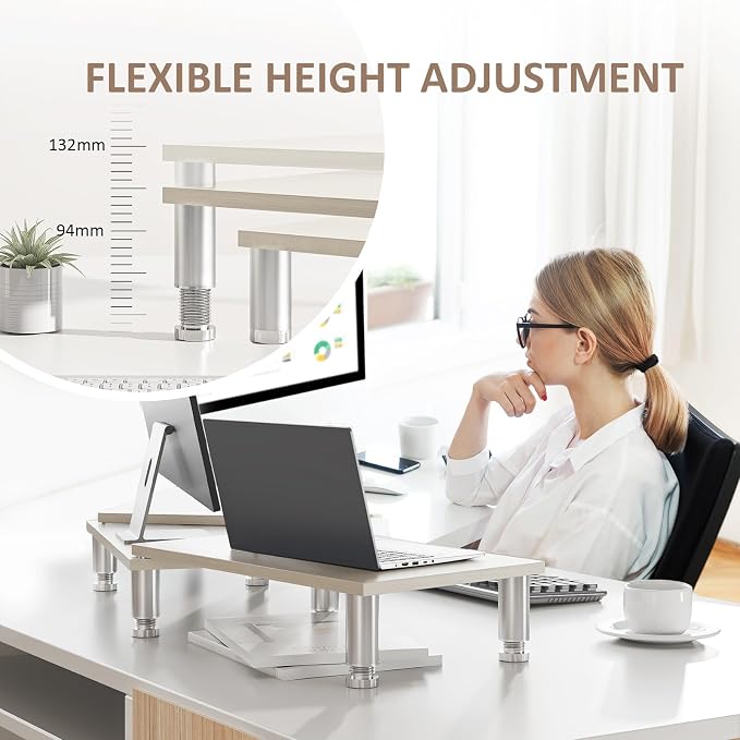AX Waber Dual Monitor Riser - Adjustable Length & Angle, Wooden Stand for 2 Monitors with Storage