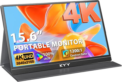KYY 4K Portable Monitor 15.6" Portable Monitor for Laptop UHD IPS 3840X2160 External Screen with 100% sRGB & HDR Gaming Display for Laptop PS5/4 Xbox Switch with Speakers, VESA Compatible