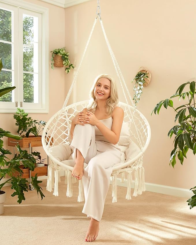 Greenstell Hammock Chair, Macrame Swing Chair with Comfy Cushion, Boho Hanging Chair for Outdoor & Indoor, Perfect for Bedroom, Patio, Balcony, Hold up to 350Lbs, Beige