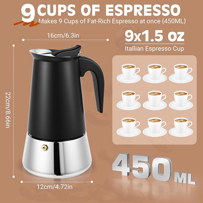 9 Cup Stainless Steel Moka Pot, 450ml Stovetop Espresso Maker, Black