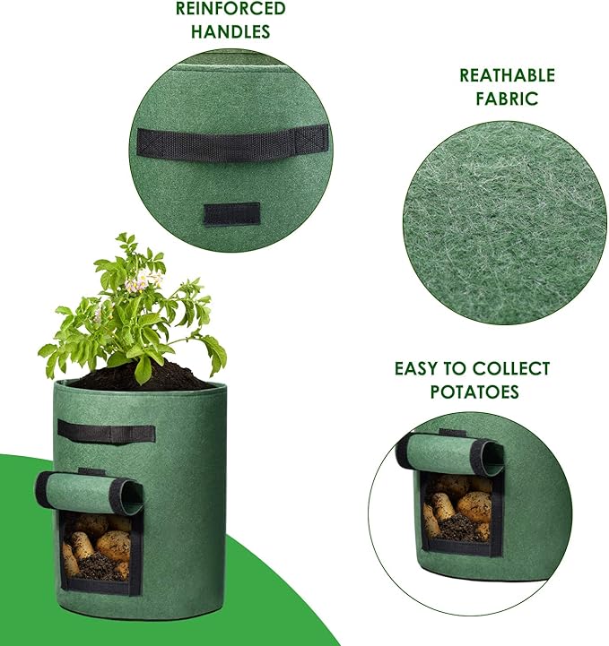 Delxo 5 Pack 10 Gallon Potato Grow Bags, Garden Planting Growing Bag with Flap, Double Layer Breathable Nonwoven Cloth for Potatoes/Planter/Vegetable/Tomato Fabric Pots with Handles Green