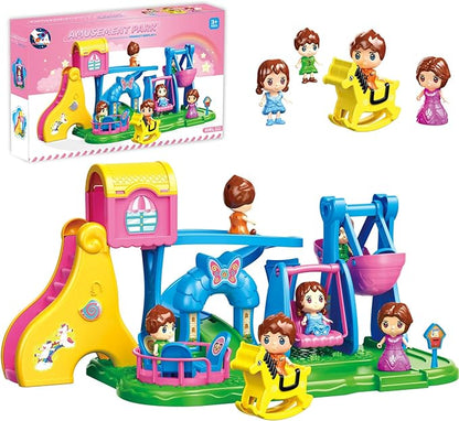 Building Toys Kids Playground Set, Pink Amusement Park Toy Playset with 4 Doll Figures, Swing Slide Rocking Horse & Spinning Ride, Pretend Play Dollhouse for Girls 3 4 5 6 7, Gift for Kids