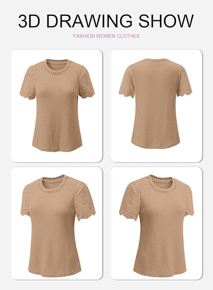 SHEWIN Womens Frenchy Summer Tops Crewneck Short Sleeve T Shirts Casual Waffle Knit Jacquard Blouses Top Shirts