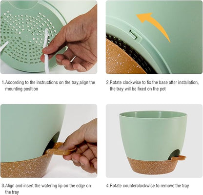 10/9/8 inch Self Watering Pots, Set of 3 Plastic Planters with Mesh Drainage Holes and Deep Reservoir for Indoor Outdoor Garden Plants and Flowers, Green with Brown