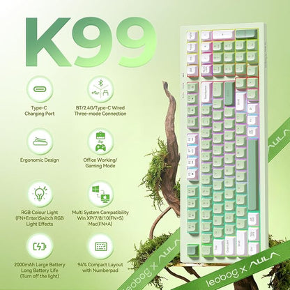 LEOBOG X Aula Green Keyboard Wireless Gaming Keyboard Creamy Silent | 98 Keys,Quiet,RGB Backlit,2000mAh Computer Keyboards Membrane Creamy Keyboard with Number Pad,Tri-Mode BT/2.4GHz/USB-C