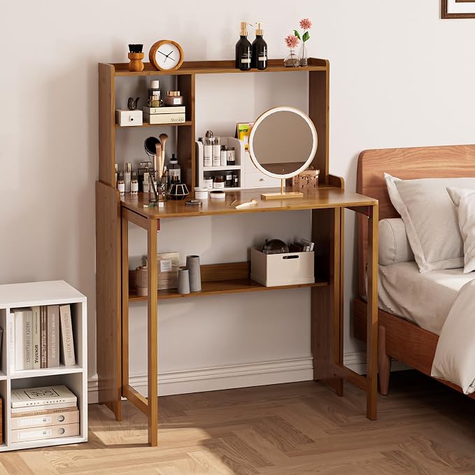 Folding Desk for Small Spaces, Bamboo Foldable Desk with Bookshelf, Brown | Small Computer Desk with Storage, Mid Century, Fold Out，Compact Size, for Bedroom, Living Room, Apartment, Home Office
