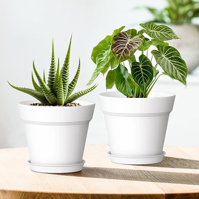 4 Inch Plastic Plant Pots with Drainage Holes and Trays – 8 Pack Small Nursery Pots for Indoor & Outdoor House Plants and Flowers, Seedling Starter Planters, White