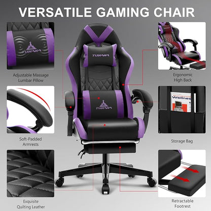 Gaming Chair,Ergonomic Massage Office Chair with Footrest,Purple | Pocket Spring Cushion,Reclining,Thick High Back,Headrest and Lumbar Support,Adjustable Leather Computer Chair Gamer Chair