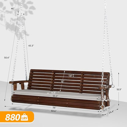 VINGLI Heavy Duty 880 LBS Patio Wooden Porch Swing Outdoor with Extra Cushion, Farmhouse Hanging Bench Tree Swing with Adjustable Chains for Yard | Garden | Lawn | Balcony (5 FT, Rustic)