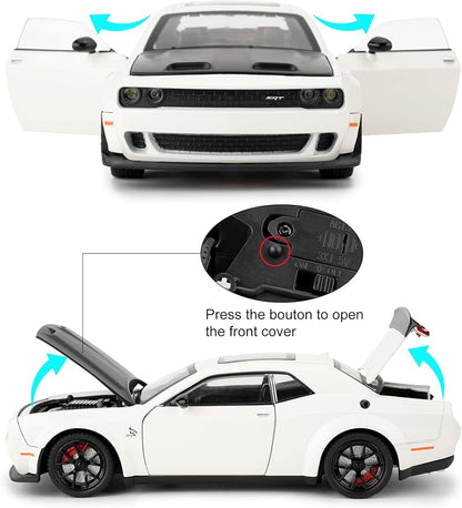 Compatible for 1/24 Dodge Challenger SRT Hellcat Car Model, Collectible Die-Cast Model Car with Lights and Sounds,Pull Back Car Toy for Adults Kids Birthday Gifts Decoration (White)