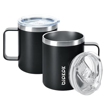 BJPKPK 2PCS Insulated Coffee Mug with Lid, 14oz Stainless Steel Tumbler | Travel Coffee Mug with Handle, Vacuum Insulated Tumbler Cup for Camping, Office, Home, BPA Free Lid, Hot & Cold