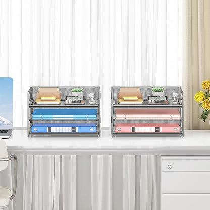 Subekyu 2-Pack 3-Tier Silver Metal Mesh Desk Paper Letter Tray & File Sorter Organizer with Handle + 1 Sliding Tray for Desk, Home, Office, School Supplies, A4 Paper and Accessories Storage