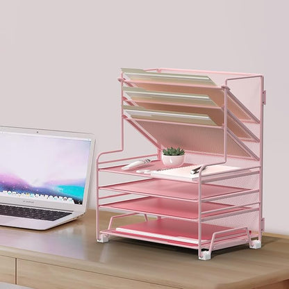 MINDEPOT 4-Tier Paper Organizer + 3-Pocket File Holder + Drawer + Pen Holders, Desktop File Organizers Paper Tray for Office Supplies School Classroom Organization (Pink, with Drawer & Pen Holder)