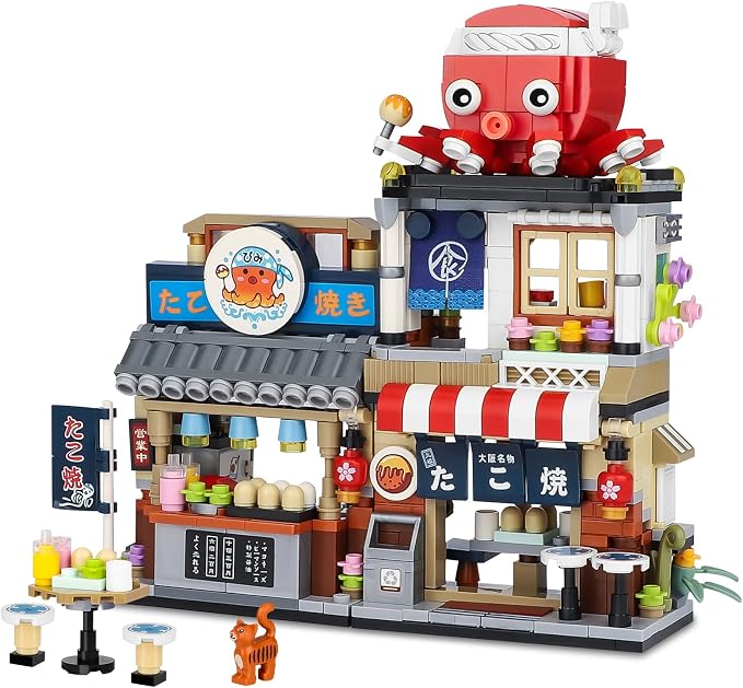 Japanese Street View Takoyaki Shop Mini Building Blocks, MOC Creative Japanese Toys for Girls 6-12 Years Old, 722 Pcs Simulation Architecture Construction Toy, Gift Idea for Kids Adults