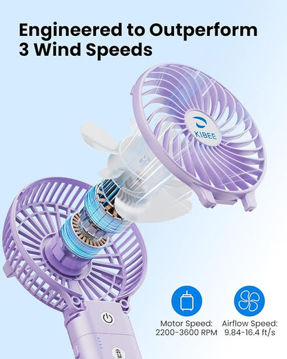 KIBEE Portable Handheld Fan, 5200mAh Rechargeable Mini Fan with Up to 20H Runtime, 180° Foldable Personal Fan, 3 Speeds, Desk Stand, Travel Essentials for Women, Concerts, Makeup, Camping, Purple
