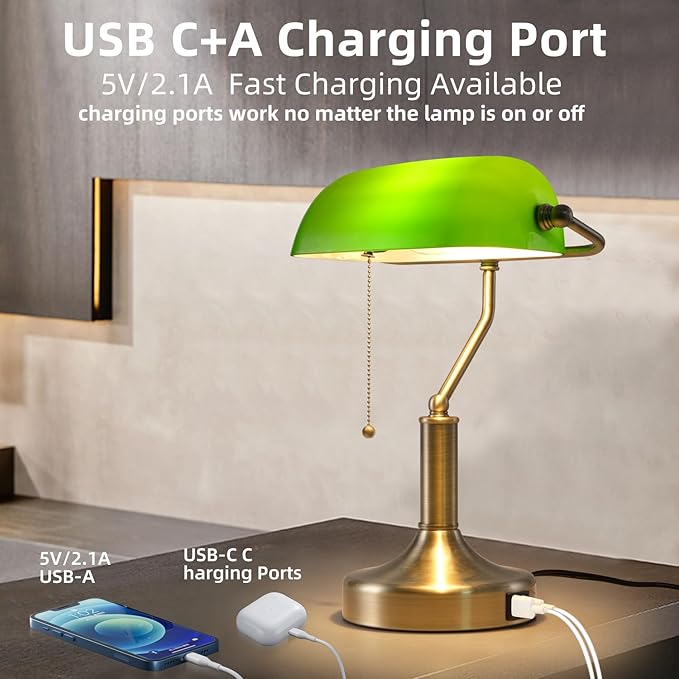 Banker Desk Lamp Green Glass, Antique Desk Lamps with Brass Base, Traditional Library Table Lamp with USB A and Type C Charging Port for Office, Study Room, Pull Chain Switch