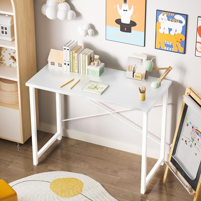 Sweetcrispy 32-Inch Small Computer Desk for Bedroom, Light White | Gaming Writing Work and Study Desk for Home Office, Sturdy Metal Frame and Compact Modern Design with X-Shaped