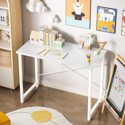 Sweetcrispy 32-Inch Small Computer Desk for Bedroom, Light White | Gaming Writing Work and Study Desk for Home Office, Sturdy Metal Frame and Compact Modern Design with X-Shaped