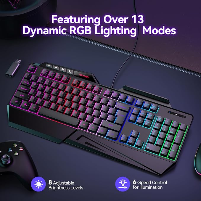 TECKNET Wired RGB Gaming Keyboard - 26-Key Anti-Ghosting, 13 Lighting Modes, Spill-Resistant, 108 Membrane Keys, Plug & Play - with Ergonomic Wrist Rest & Phone Holder for Windows/Mac (Black)