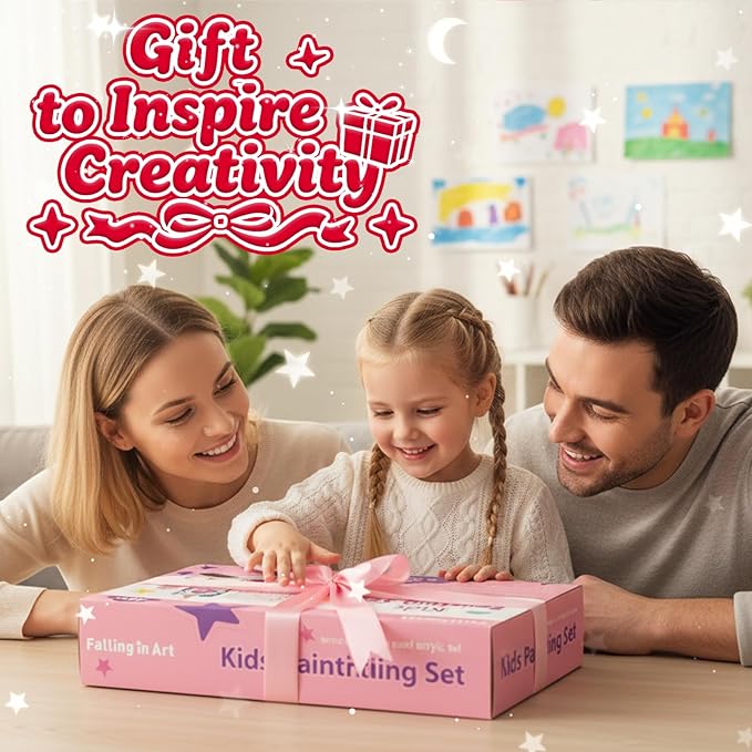 Falling in Art Tabletop Easel Set, Portable Wooden Art Easel Painting Kits for Kids, Easel for Painting Canvases, Including 12 Colors Acrylic Paints, 10 Paintbrushes and 4 Canvas Panels, Pink