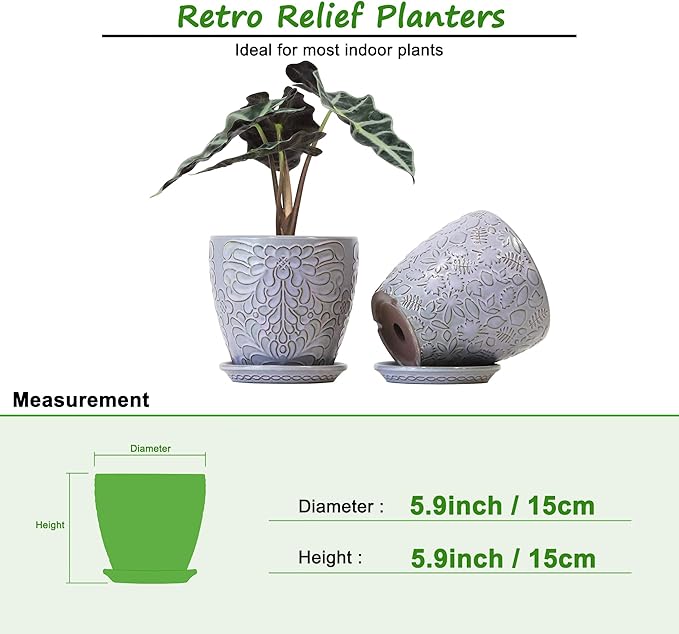 6 Inch Retro Ceramic Planter Set of 2 with Drainage Hole and Saucer for Plants, Indoor-Outdoor Garden Pots for Succulents, Orchids, and Flowers (Fits Inner Pots Up to 5 Inches, Light Blue)