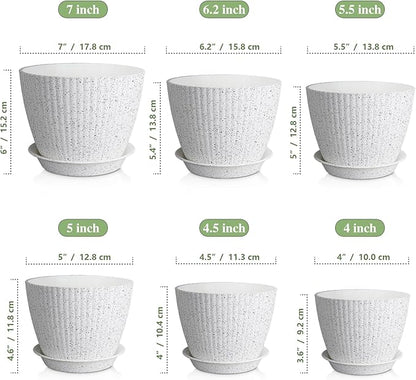 7/6.2/5.5/5/4.5/4 inch Flower Pots, 6 Pack Plant Pots for Small Indoor Outdoor Plants, Plastic Planters with Drainage Holes and Saucers for Garden Succulent House Plants, Speckled White
