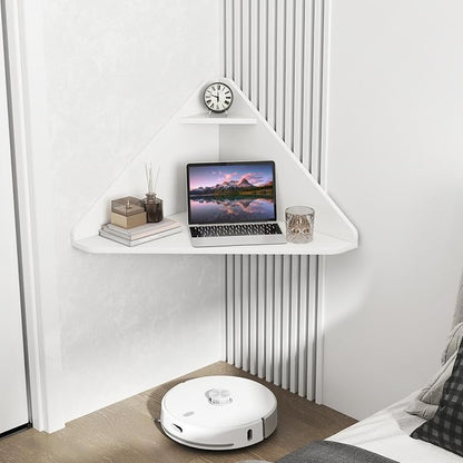 GOFLAME Floating Corner Desk, Wall Mounted Triangular Computer Desk w/Storage Shelf, Space-Saving Design, 90° Wooden Floating Home Office Desk for Writing, Working, Studying (White)