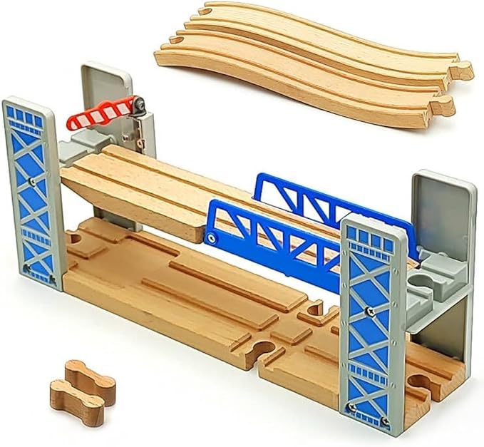 Lift Bridge Wooden Crane Toy Set with Train Cars - Compatible with Major Wooden Rail Brands - Ages 3-5