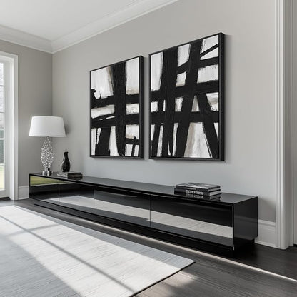 Large Framed Black and White Abstract Wall Art for Living Room, 2 Piece Modern Canvas Prints Wall Paintings Artwork for Walls, Minimalist Black Lines Pictures for Hallway Office Wall Decor 24x36 In