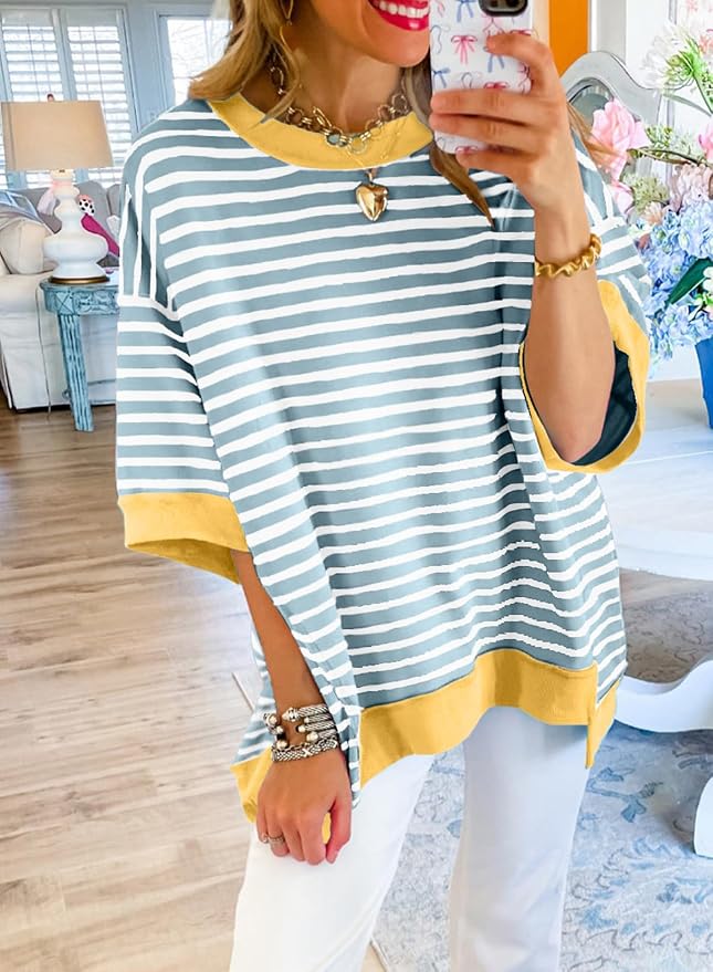 SHEWIN Womens Tops Casual Short Sleeve Sweatshirt Crewneck Striped Shirt Pullover T Shirts Loose Blouses
