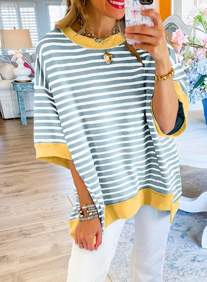 SHEWIN Womens Tops Casual Short Sleeve Sweatshirt Crewneck Striped Shirt Pullover T Shirts Loose Blouses
