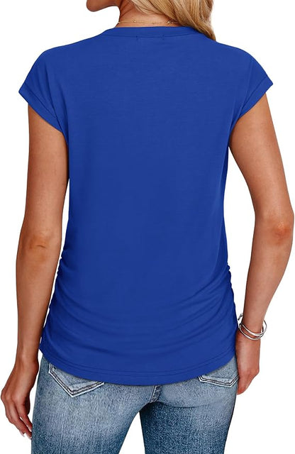 Sampeel Womens Summer Tops Trendy 2026 Ruched Cap Short Sleeve Tshirts Shirts Crew Neck T Shirts Fashion