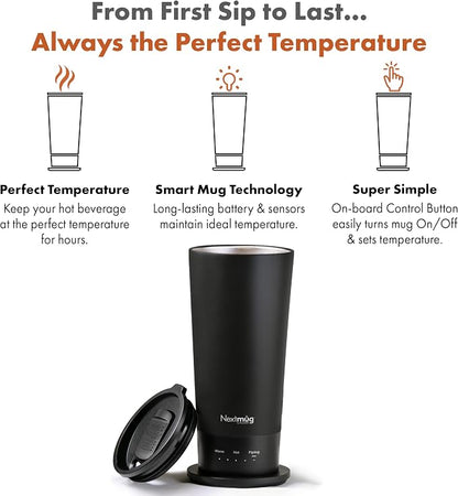 Nextmug Go - Temperature-Controlled, Self-Heating Travel Mug | (Black - 16 oz.) – No App, Long-Lasting Battery for Work & Study, Great Gift for Coffee Lovers