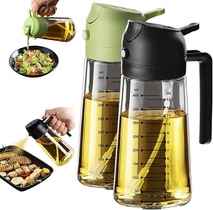 TrendPlain 16oz/470ml Glass Olive Oil Sprayer for Cooking – 2 in 1 Olive Oil Dispenser Bottle for Kitchen Gadgets and Air Fryer Accessories, Salad, BBQ - Black & Green