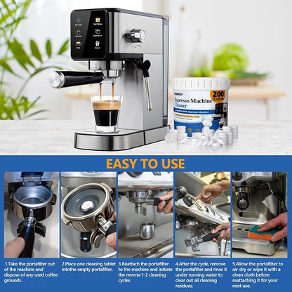 Espresso Machine Cleaning Tablets Descaling -200 Tablets, Compatible with Breville Barista Express, Gaggia, Delonghi, Jura, Philips - Universal Coffee Machine Cleaner Solution for Espresso Machines