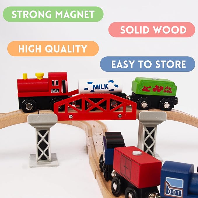 Wooden Train Sets for Toddlers, 9 Pcs Train Toy Magnetic Sets Fits Brio, Thomas, Melissa and Doug, Kids for Boys Girls 3 4 5 Years Old