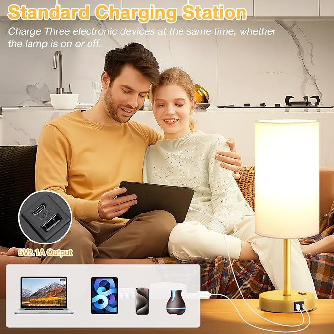 Dicoool 17.4" Bedside Lamp for Bedroom - Dimmable Touch, USB A+C, AC Outlet | LED Bulb Included, 3-Way Dimmable, 17.4" Table Lamp for Living Room, Dorm, White Fabric Lampshade, Gold Metal Base