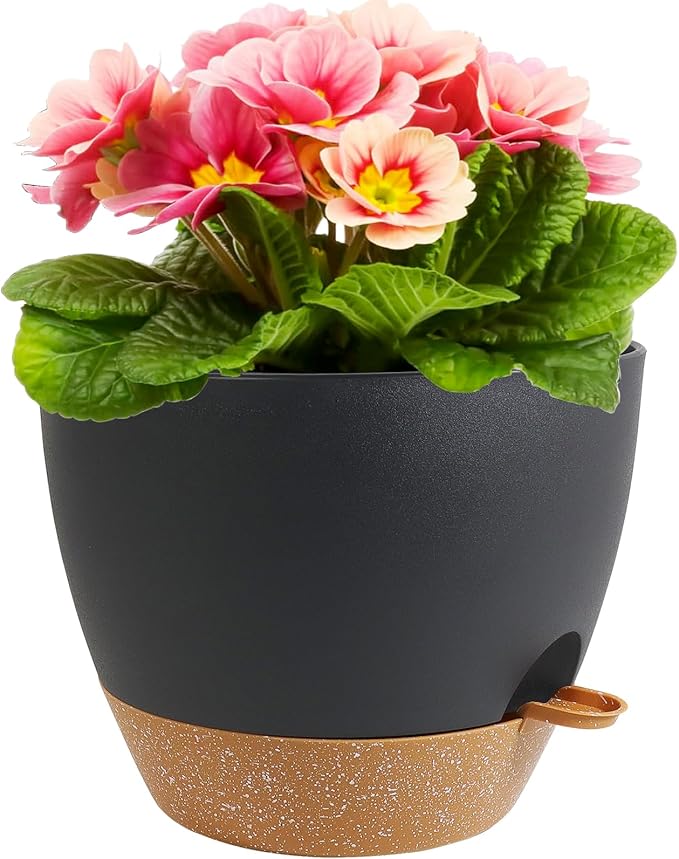 12 inch Large Self Watering Pots, Plant Pots with Mesh Drainage Holes for Indoor Outdoor Plants, Plastic Planters with Deep Reservoir for Garden House Flower Plants, Black with Brown