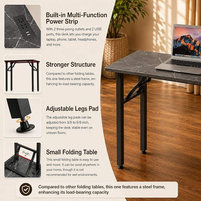 Folding Table Computer Desk - 35.8" No Assembly Folding Desk with Power Outlets & USB Charging Port, Small Desk, Foldable Office Desk, Compact Storage Portable Use for Small Space, Marble Greige