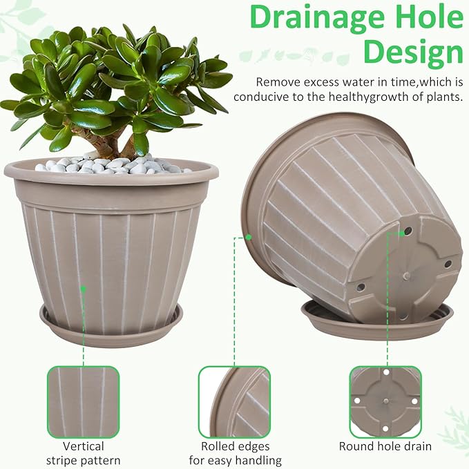 FGstyle 12 Inch Pots for Plants,4 Pack Tall Planters,Large Flower Pots with Drainage Hole & Saucer,Decorative Outdoor Planter for Planting Medium Large Plants(Beige