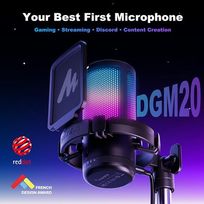 MAONO DGM20S Gaming Microphone for PC with Clear Voice & Noise Reduction | RGB Lighting, Tap-to-mute, Gain Control, Headphone Monitoring and Boom Arm for Discord Gaming, Streaming, Content Creation