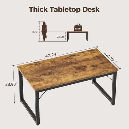 Mericonia 48 Inch Computer Desk, 1" Thick Small Office Table, Brown | Modern Simple Style, Heavy Duty Industrial Frame, Small Study & Writing Table for Home Bedroom Work