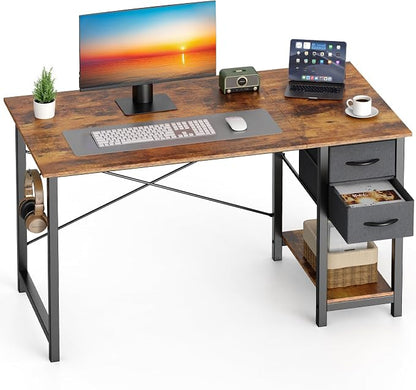 Sweetcrispy 40-Inch Computer Desk with Drawers, Office Desk, Brown | Small Desk for Bedroom Home Office with Side Hook, Modern Simple desk with storage for Writing