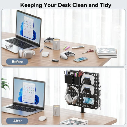 KDD 7 in 1 Clamp-on Desk Pegboard - No Drill Desk Side Storage with Phone Stand/Pen Holder/Storage Box/Headset & Controller Holder/Hooks, Detachable Gaming Pegboard for Office & Home Desktop Organizer