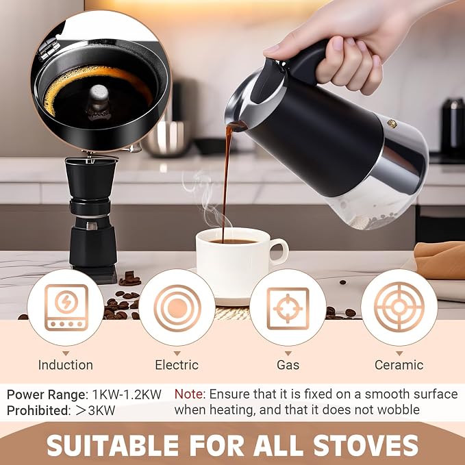 6 Cup Stainless Steel Moka Pot, 300ml Stovetop Espresso Maker, Black