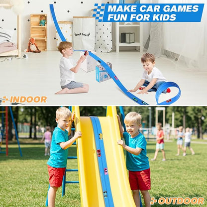 Flexible Race Car Track for Kids 15 Ft Flex Tracks Starter Set Compatible Toy with Suction Cups Compatible with Diecast 1/64th Cars, Long Kid Cars Ramp with Suction Cups for Indoor & Outdoor Ages 3+