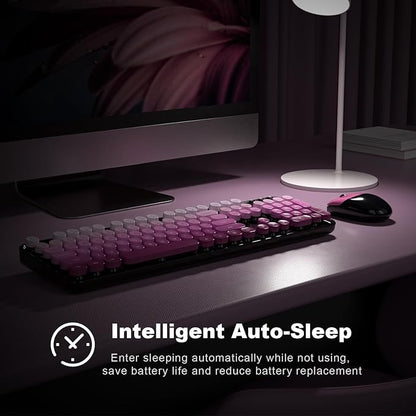 MOFII Wireless Keyboard and Mouse Combo, Full Size 2.4G Plug and Play Typewriter Retro Round Computer Keyboard and Mouse Set for Windows, Computer, Desktop, PC, Notebook - (Black Pink Gradient)